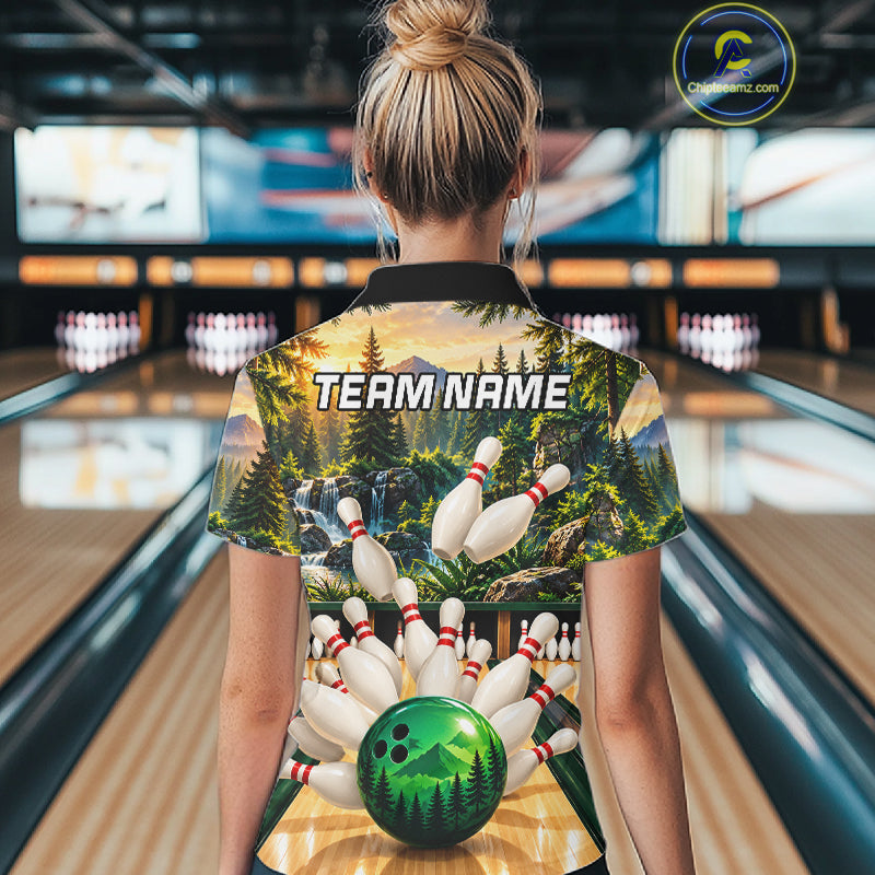 Forest Green Bowling Polo Quarter Zip Shirts Custom Bowling Team Jerseys