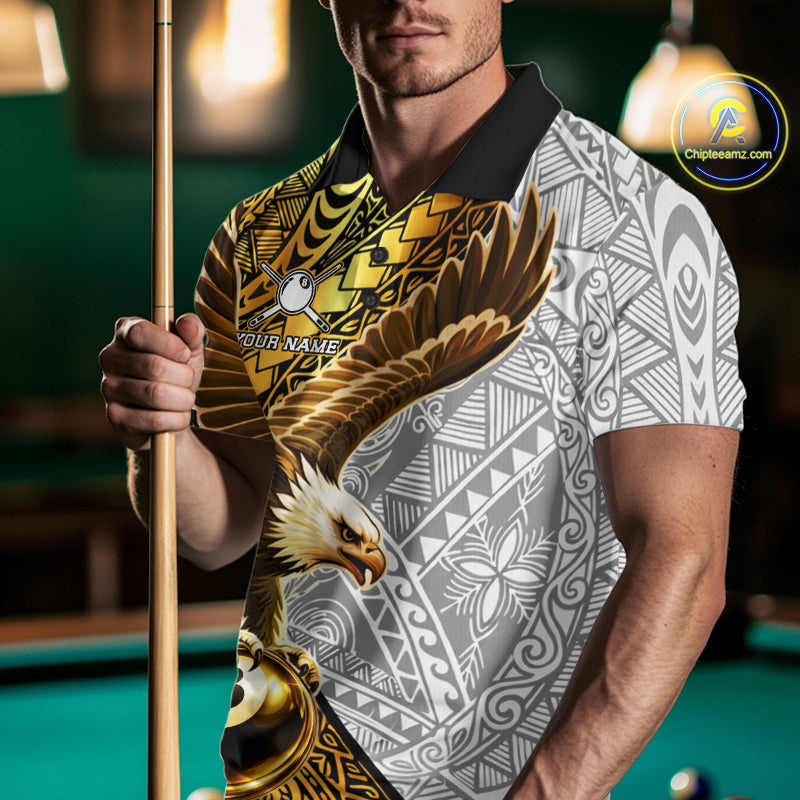 White And Gold Tribal Pattern Billiard Jersey Custom Eagle 8 Ball Billiard Team Shirts