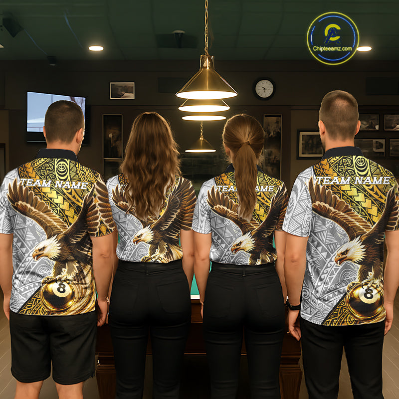 White And Gold Tribal Pattern Billiard Jersey Custom Eagle 8 Ball Billiard Team Shirts
