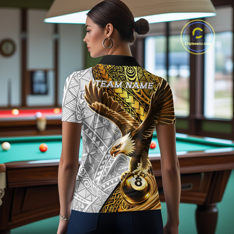 White And Gold Tribal Pattern Billiard Jersey Custom Eagle 8 Ball Billiard Team Shirts