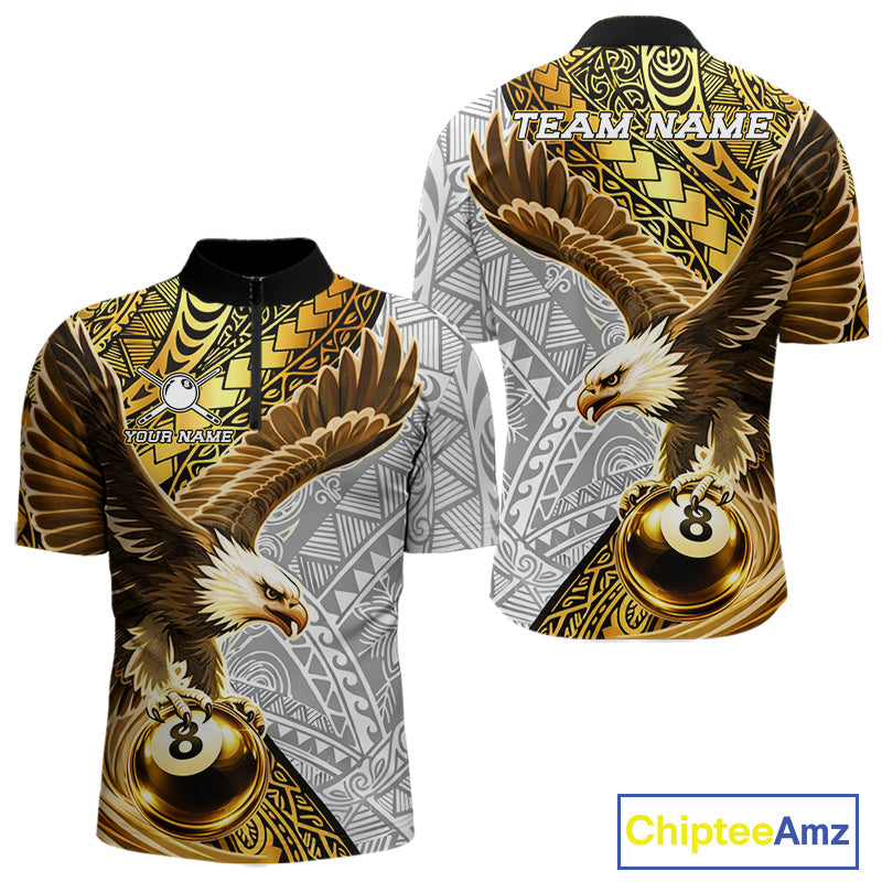 White And Gold Tribal Pattern Billiard Jersey Custom Eagle 8 Ball Billiard Team Shirts