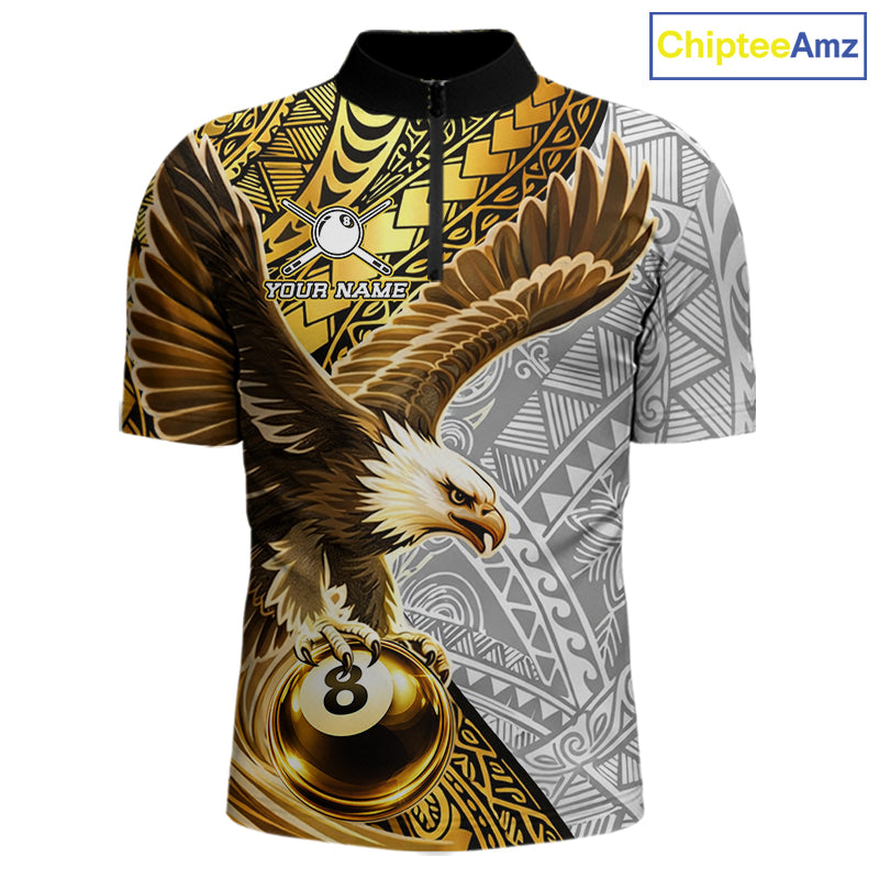 White And Gold Tribal Pattern Billiard Jersey Custom Eagle 8 Ball Billiard Team Shirts