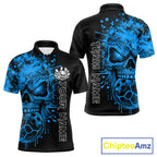 Blue Skull Bowling Jerseys Bowling Polo, 1/4 Zip Shirt Custom Bowling Team Shirt Bowlers