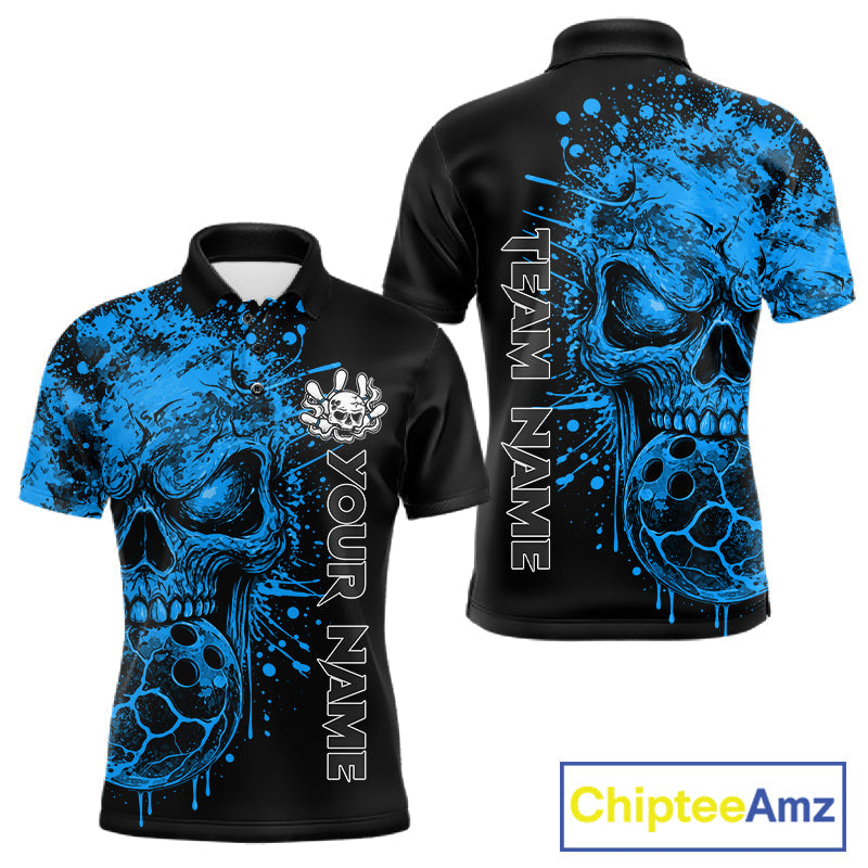 Blue Skull Bowling Jerseys Bowling Polo, 1/4 Zip Shirt Custom Bowling Team Shirt Bowlers