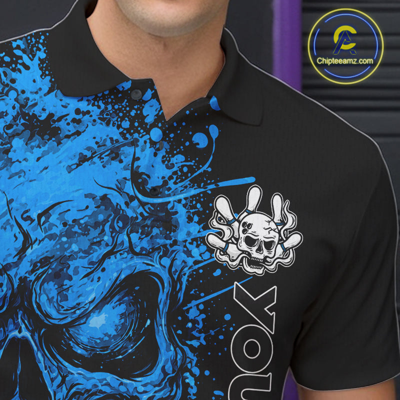 Blue Skull Bowling Jerseys Bowling Polo, 1/4 Zip Shirt Custom Bowling Team Shirt Bowlers