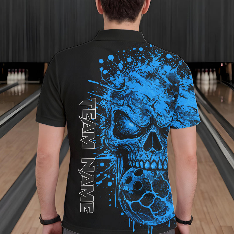 Blue Skull Bowling Jerseys Bowling Polo, 1/4 Zip Shirt Custom Bowling Team Shirt Bowlers
