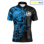 Blue Skull Bowling Jerseys Bowling Polo, 1/4 Zip Shirt Custom Bowling Team Shirt Bowlers