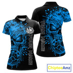 Blue Skull Bowling Jerseys Bowling Polo, 1/4 Zip Shirt Custom Bowling Team Shirt Bowlers