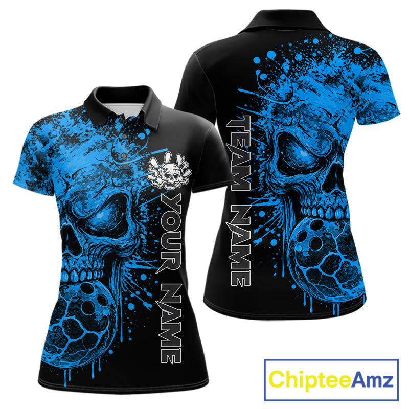 Blue Skull Bowling Jerseys Bowling Polo, 1/4 Zip Shirt Custom Bowling Team Shirt Bowlers