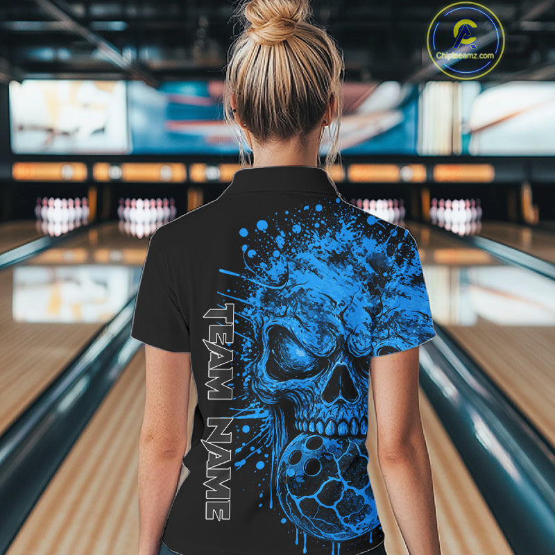 Blue Skull Bowling Jerseys Bowling Polo, 1/4 Zip Shirt Custom Bowling Team Shirt Bowlers