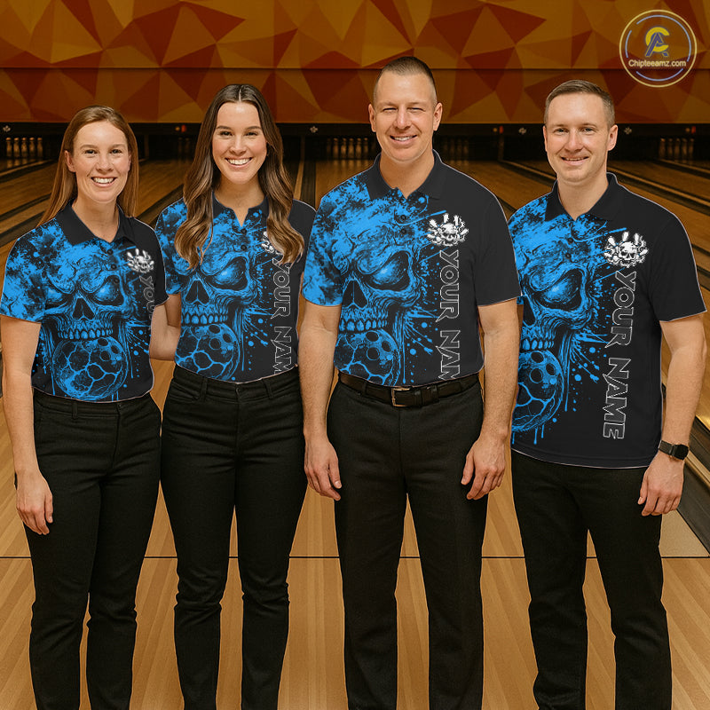 Blue Skull Bowling Jerseys Bowling Polo, 1/4 Zip Shirt Custom Bowling Team Shirt Bowlers