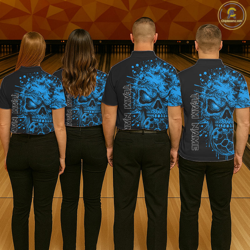 Blue Skull Bowling Jerseys Bowling Polo, 1/4 Zip Shirt Custom Bowling Team Shirt Bowlers