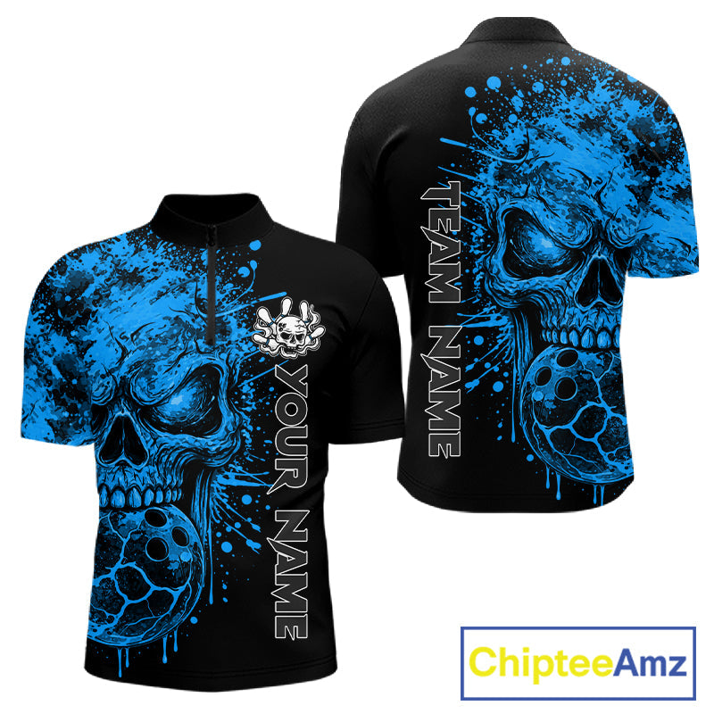 Blue Skull Bowling Jerseys Bowling Polo, 1/4 Zip Shirt Custom Bowling Team Shirt Bowlers