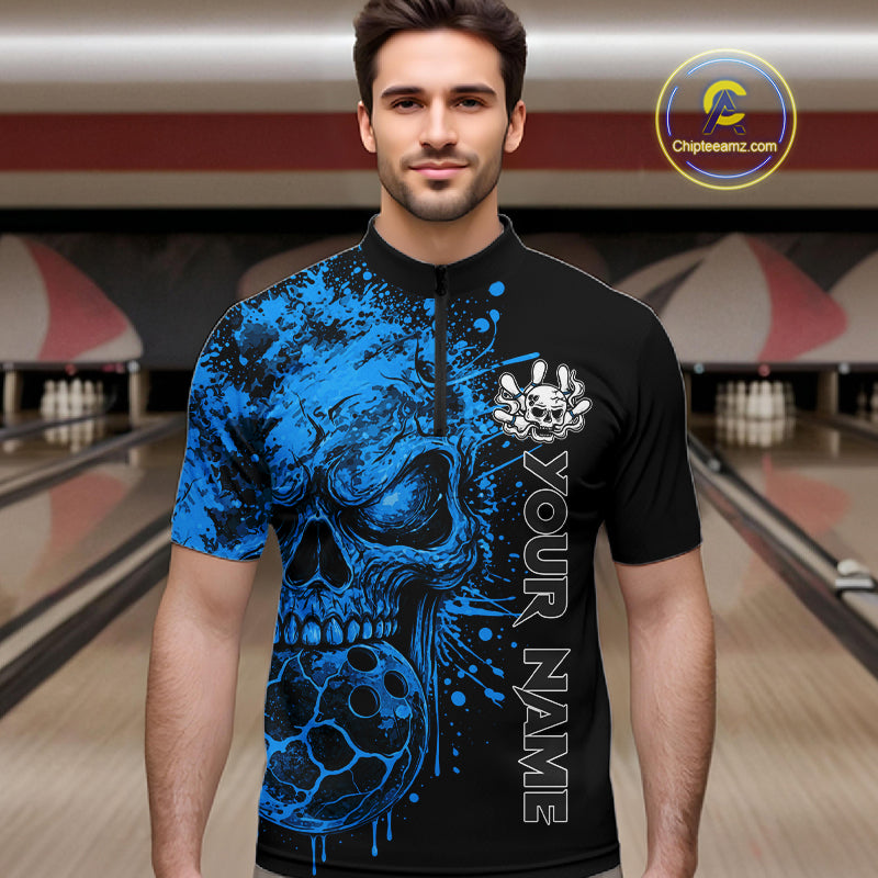 Blue Skull Bowling Jerseys Bowling Polo, 1/4 Zip Shirt Custom Bowling Team Shirt Bowlers