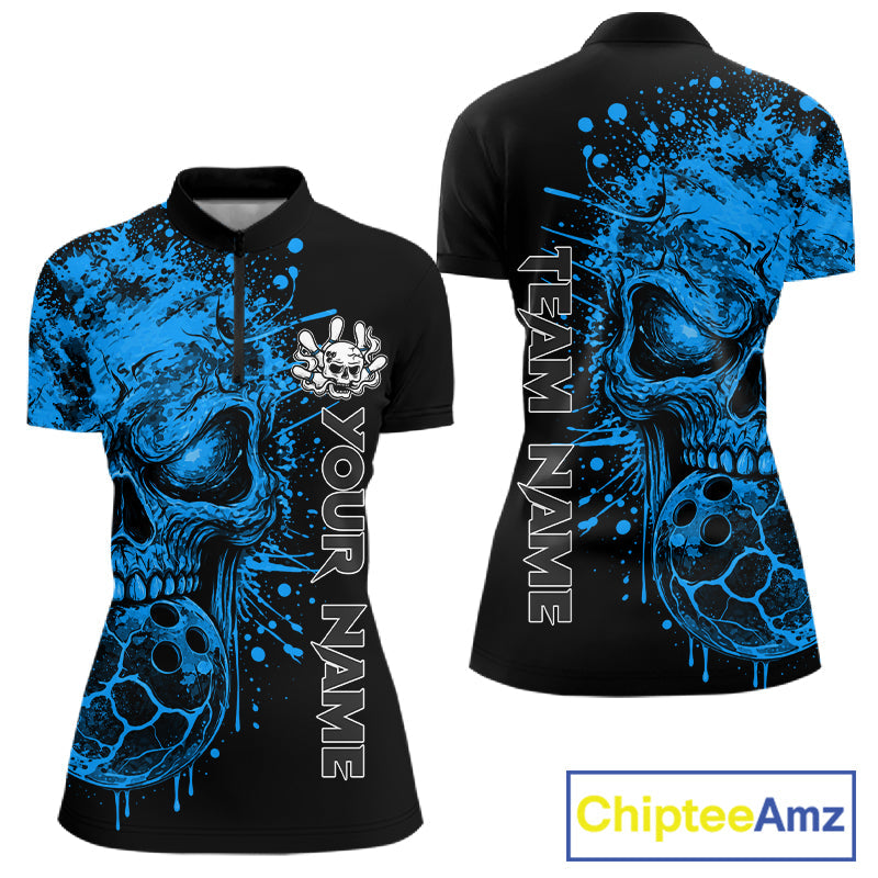 Blue Skull Bowling Jerseys Bowling Polo, 1/4 Zip Shirt Custom Bowling Team Shirt Bowlers