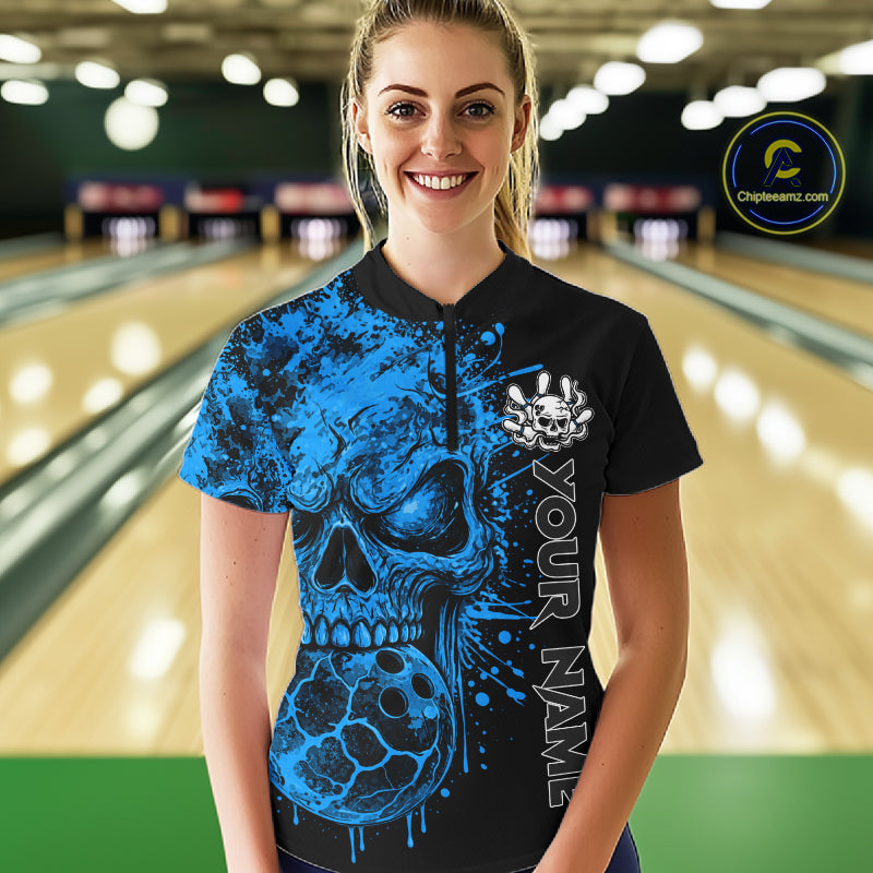 Blue Skull Bowling Jerseys Bowling Polo, 1/4 Zip Shirt Custom Bowling Team Shirt Bowlers