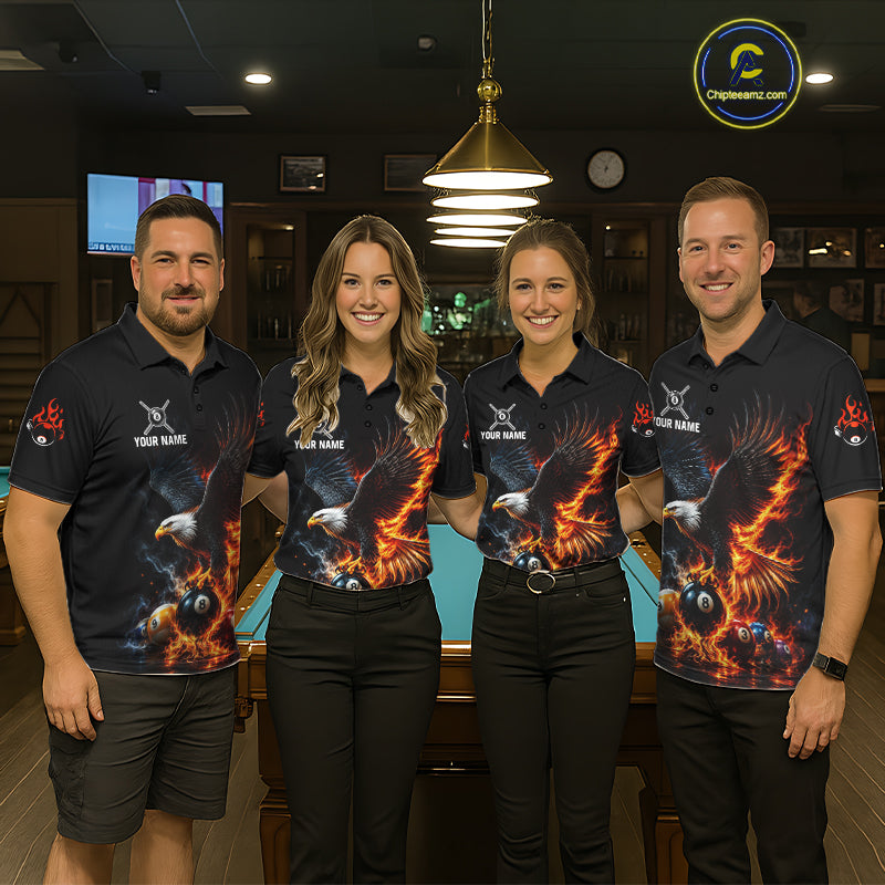 8-Ball & 9-Ball Flame Pool Billiard Polo & 1/4-Zip Shirt Custom Eagle Billiard Team Attire