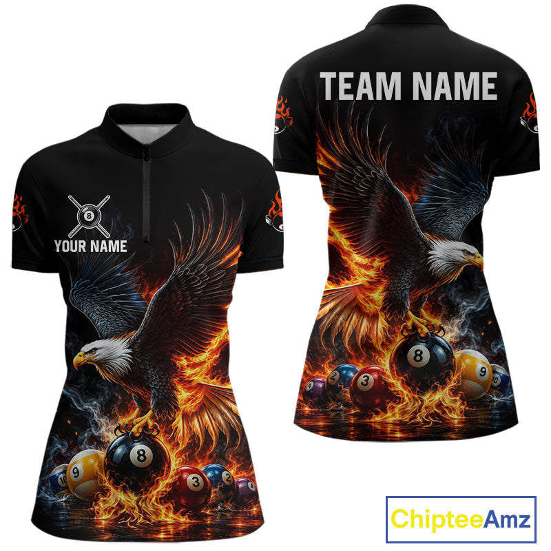 8-Ball & 9-Ball Flame Pool Billiard Polo & 1/4-Zip Shirt Custom Eagle Billiard Team Attire
