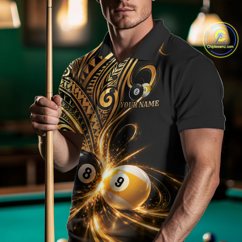 Custom Gold Polynesian Tribal Pool Polo 1/4-Zip Shirt 8 Ball 9 Ball Light Billiard Team Jersey