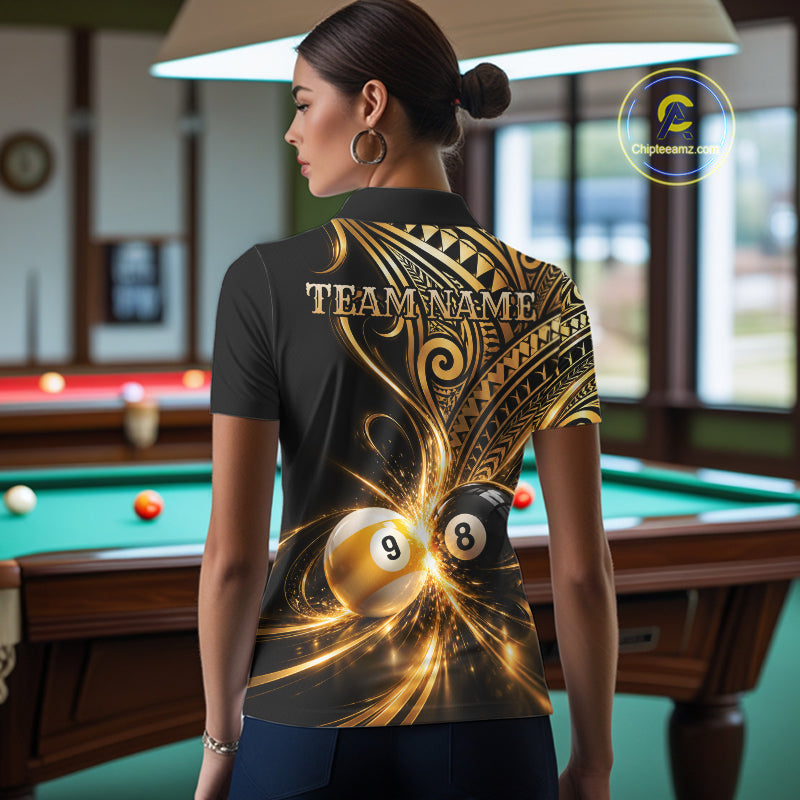 Custom Gold Polynesian Tribal Pool Polo 1/4-Zip Shirt 8 Ball 9 Ball Light Billiard Team Jersey