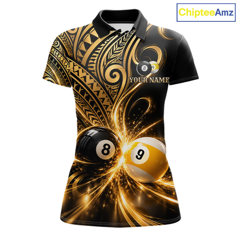 Custom Gold Polynesian Tribal Pool Polo 1/4-Zip Shirt 8 Ball 9 Ball Light Billiard Team Jersey