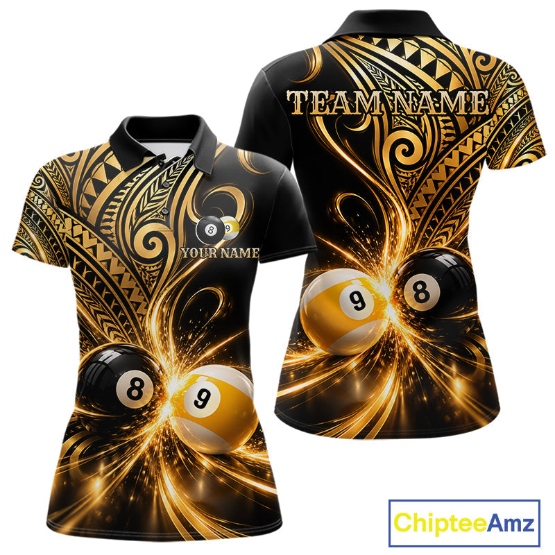 Custom Gold Polynesian Tribal Pool Polo 1/4-Zip Shirt 8 Ball 9 Ball Light Billiard Team Jersey