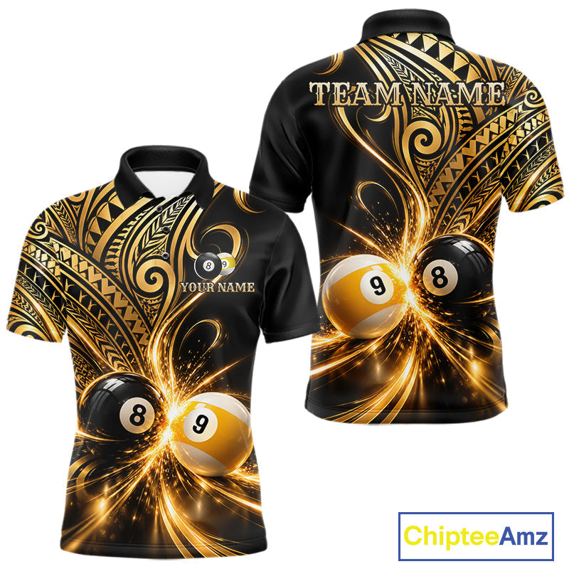 Custom Gold Polynesian Tribal Pool Polo 1/4-Zip Shirt 8 Ball 9 Ball Light Billiard Team Jersey