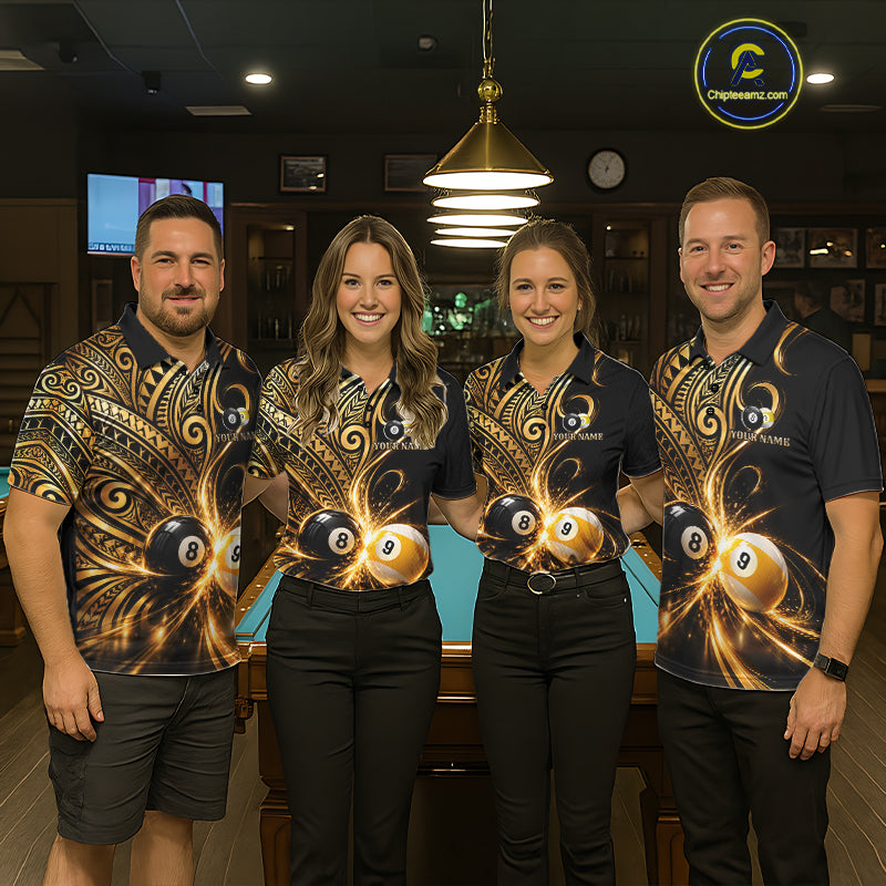 Custom Gold Polynesian Tribal Pool Polo 1/4-Zip Shirt 8 Ball 9 Ball Light Billiard Team Jersey