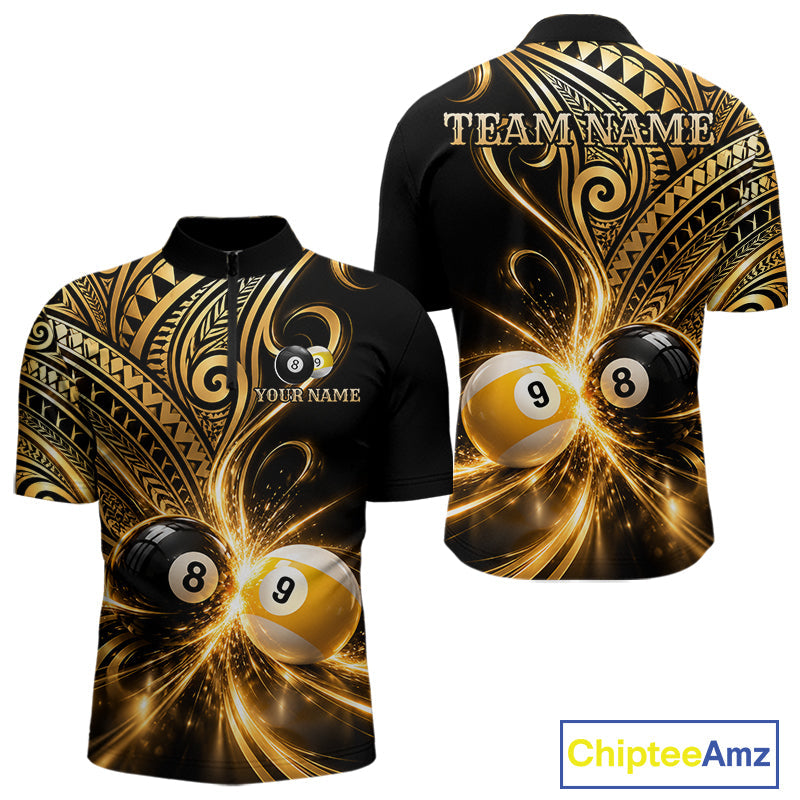 Custom Gold Polynesian Tribal Pool Polo 1/4-Zip Shirt 8 Ball 9 Ball Light Billiard Team Jersey