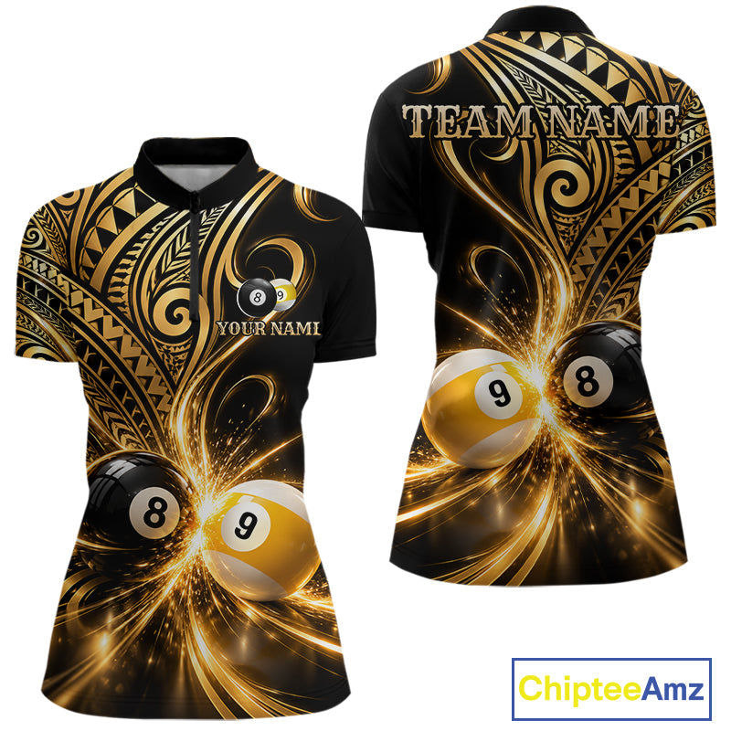 Custom Gold Polynesian Tribal Pool Polo 1/4-Zip Shirt 8 Ball 9 Ball Light Billiard Team Jersey