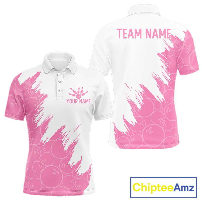 White & Pink Bowling Ball Pattern Bowling Shirt Custom Polo & Quarter-Zip Bowling Team Jersey
