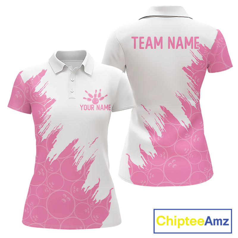 White & Pink Bowling Ball Pattern Bowling Shirt Custom Polo & Quarter-Zip Bowling Team Jersey