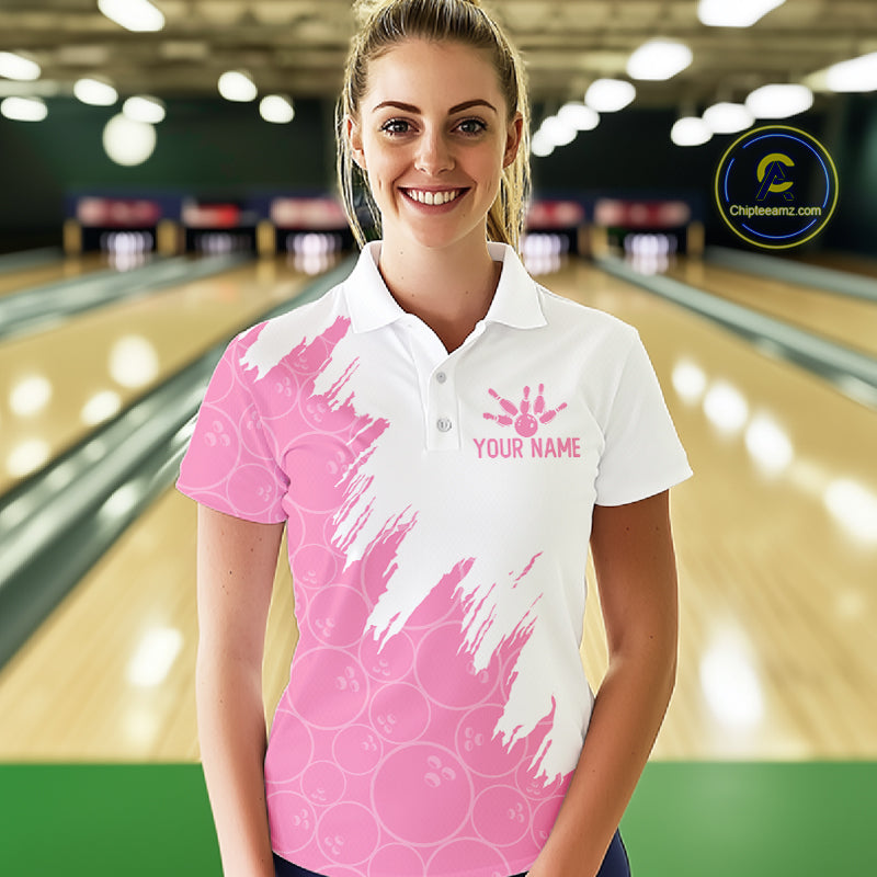 White & Pink Bowling Ball Pattern Bowling Shirt Custom Polo & Quarter-Zip Bowling Team Jersey