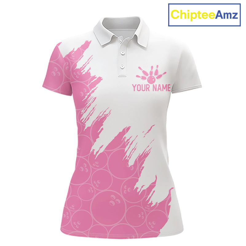 White & Pink Bowling Ball Pattern Bowling Shirt Custom Polo & Quarter-Zip Bowling Team Jersey