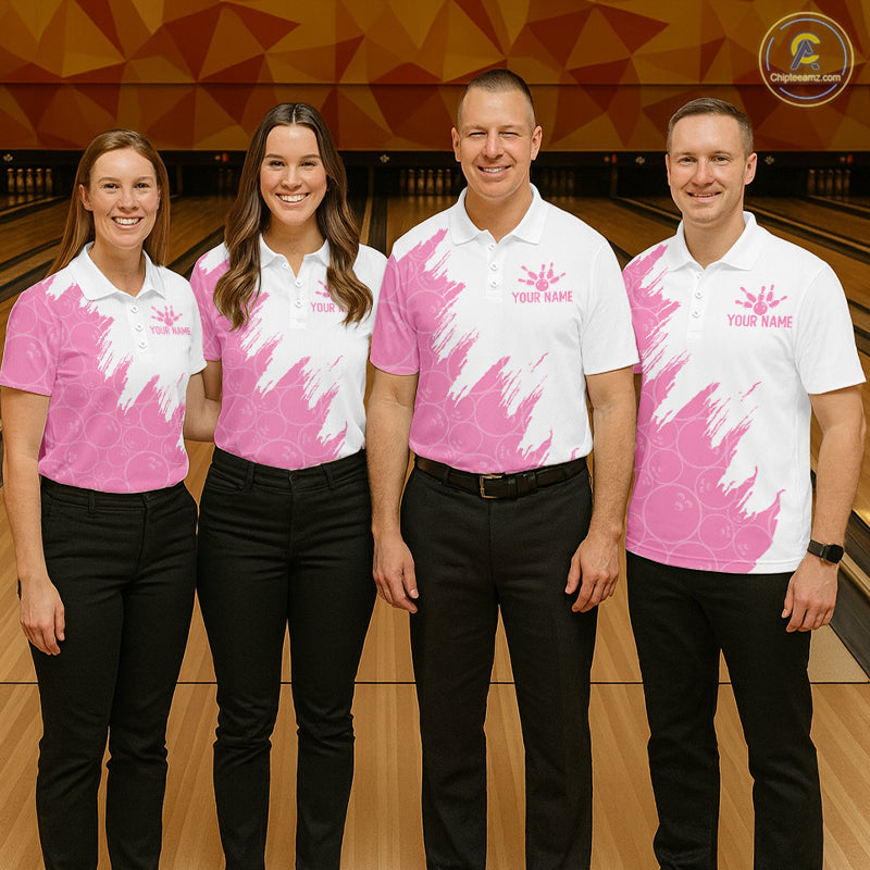 White & Pink Bowling Ball Pattern Bowling Shirt Custom Polo & Quarter-Zip Bowling Team Jersey