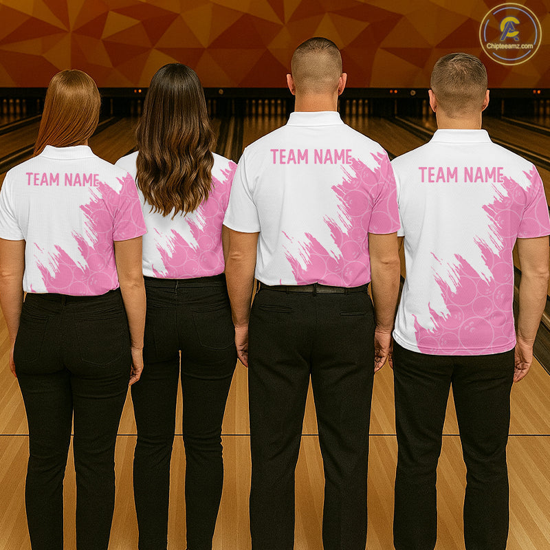 White & Pink Bowling Ball Pattern Bowling Shirt Custom Polo & Quarter-Zip Bowling Team Jersey