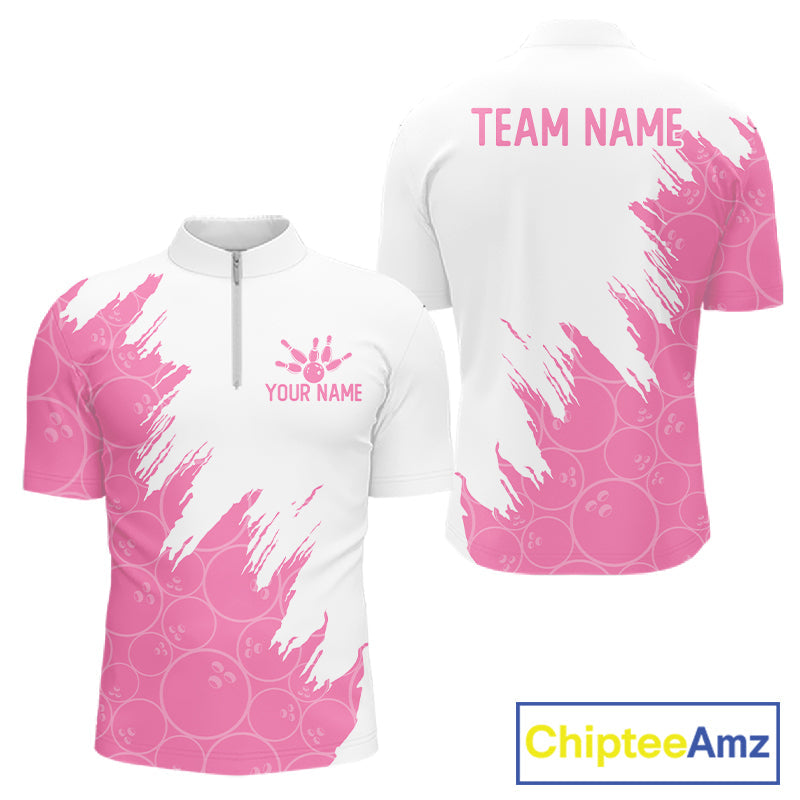 White & Pink Bowling Ball Pattern Bowling Shirt Custom Polo & Quarter-Zip Bowling Team Jersey