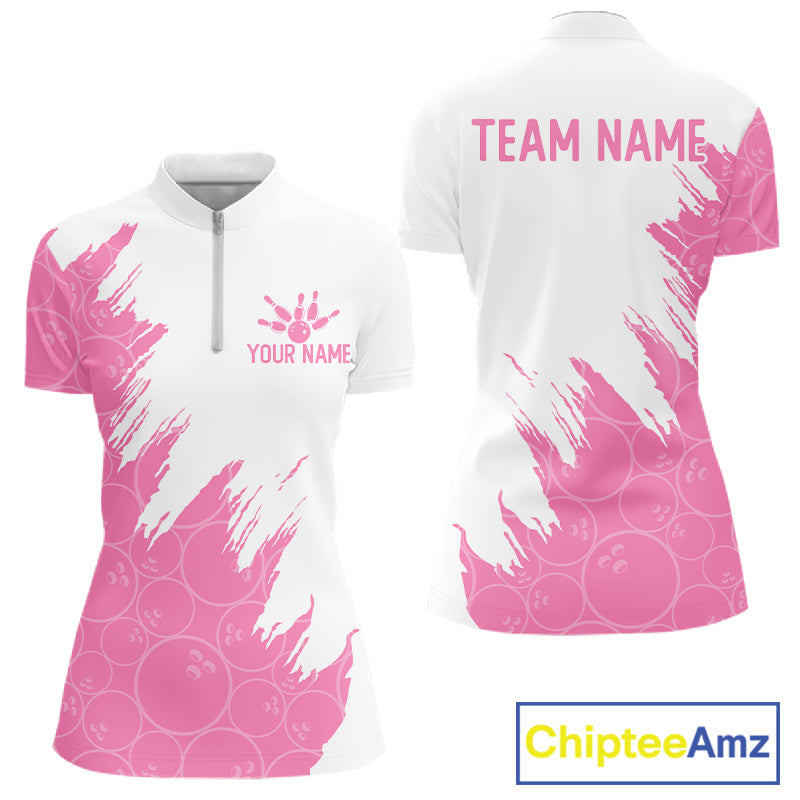 White & Pink Bowling Ball Pattern Bowling Shirt Custom Polo & Quarter-Zip Bowling Team Jersey
