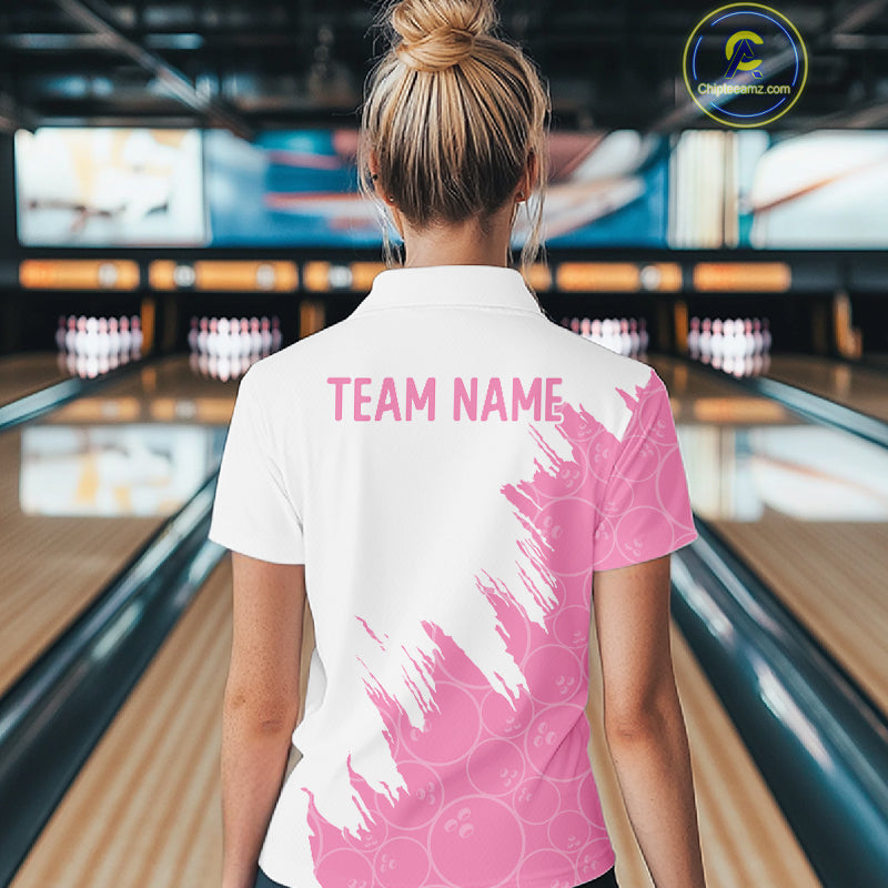 White & Pink Bowling Ball Pattern Bowling Shirt Custom Polo & Quarter-Zip Bowling Team Jersey