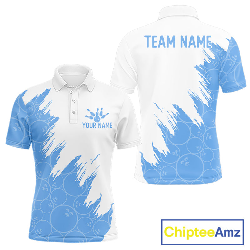 White & Blue Bowling Ball Pattern Bowling Shirt Custom Polo & Quarter-Zip Bowling Team Jersey