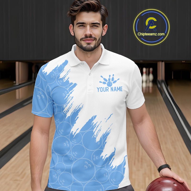 White & Blue Bowling Ball Pattern Bowling Shirt Custom Polo & Quarter-Zip Bowling Team Jersey