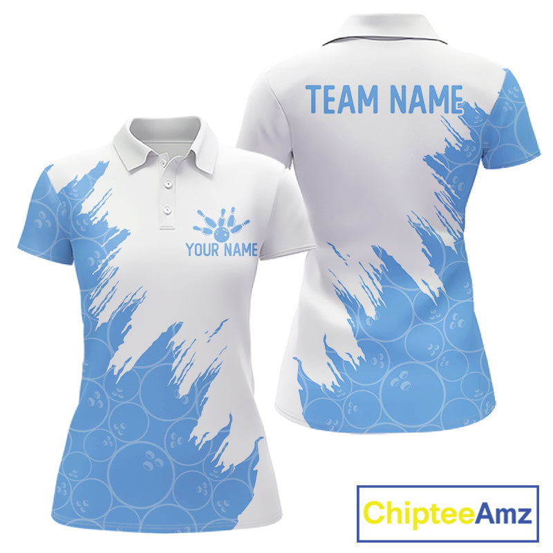 White & Blue Bowling Ball Pattern Bowling Shirt Custom Polo & Quarter-Zip Bowling Team Jersey