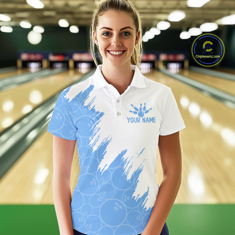 White & Blue Bowling Ball Pattern Bowling Shirt Custom Polo & Quarter-Zip Bowling Team Jersey