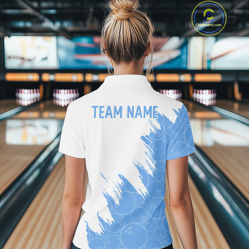 White & Blue Bowling Ball Pattern Bowling Shirt Custom Polo & Quarter-Zip Bowling Team Jersey