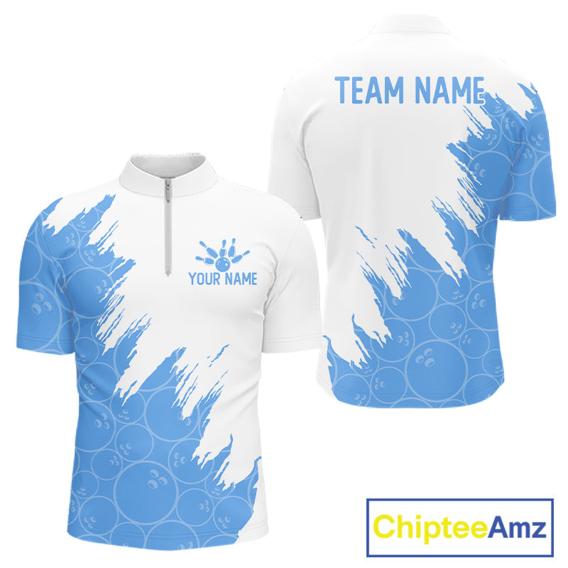 White & Blue Bowling Ball Pattern Bowling Shirt Custom Polo & Quarter-Zip Bowling Team Jersey