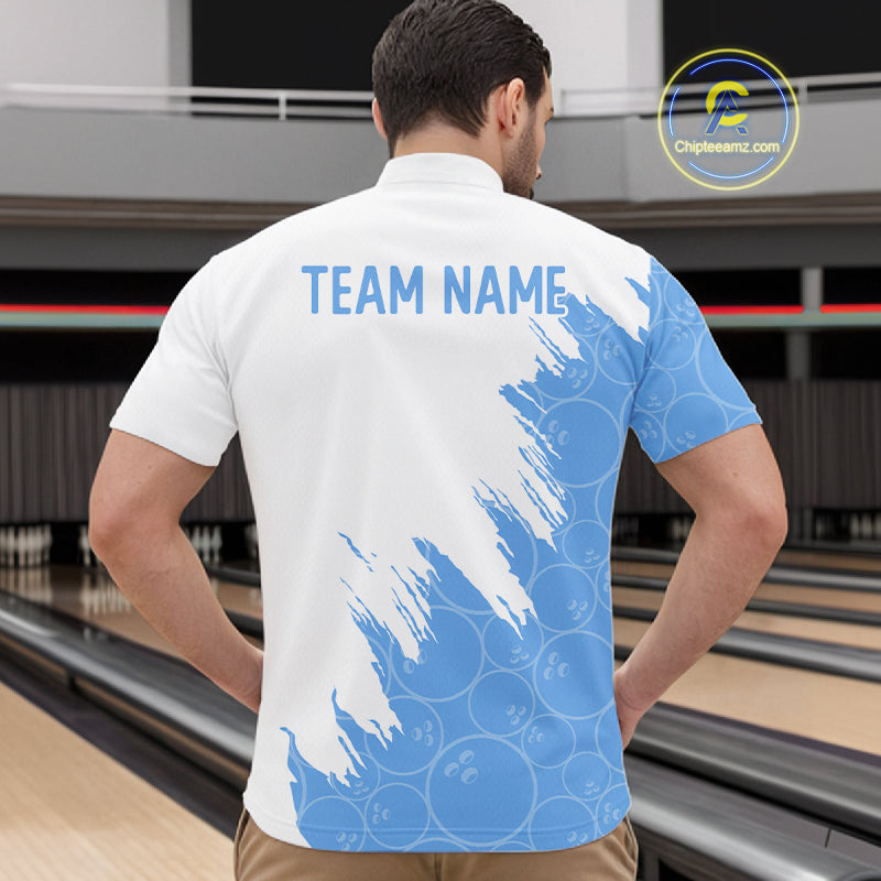 White & Blue Bowling Ball Pattern Bowling Shirt Custom Polo & Quarter-Zip Bowling Team Jersey