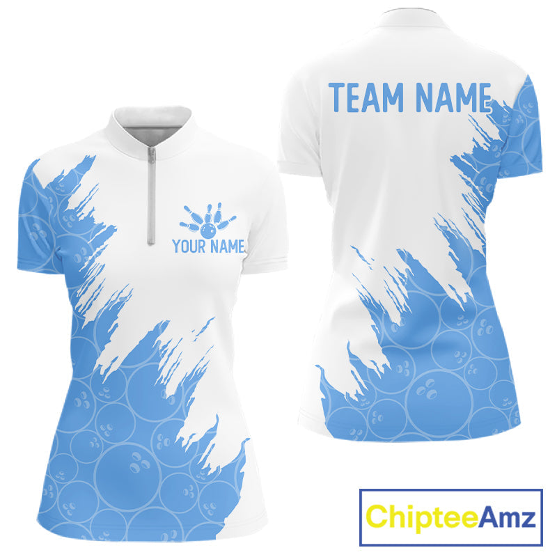 White & Blue Bowling Ball Pattern Bowling Shirt Custom Polo & Quarter-Zip Bowling Team Jersey