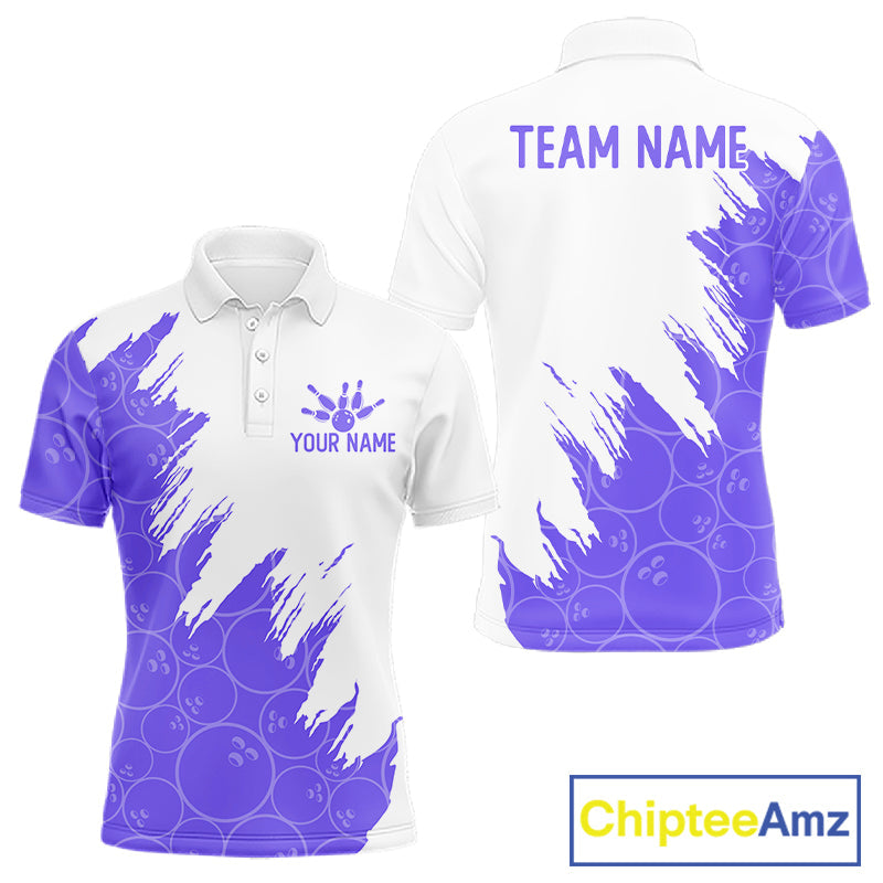 White & Purple Bowling Ball Pattern Bowling Shirt Custom Polo & Quarter-Zip Bowling Team Jersey