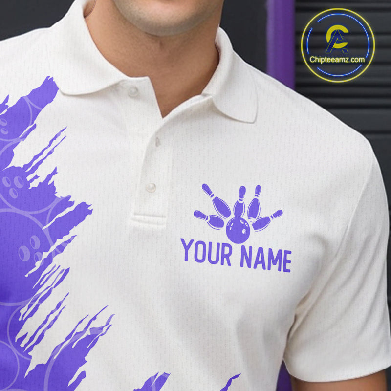 White & Purple Bowling Ball Pattern Bowling Shirt Custom Polo & Quarter-Zip Bowling Team Jersey