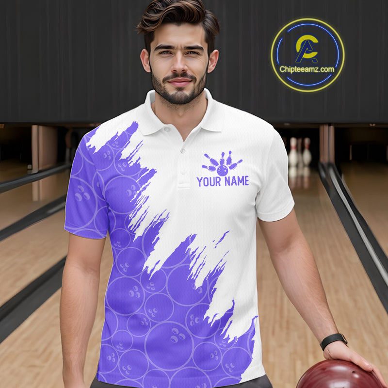 White & Purple Bowling Ball Pattern Bowling Shirt Custom Polo & Quarter-Zip Bowling Team Jersey